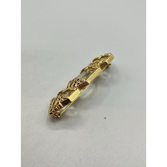 Vintage Intricate Gold Filigree Bar Pin Clear Acrylic Stones Classic Jewelry - Picture 4 of 8